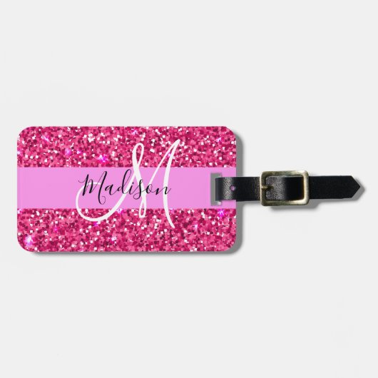 Glam Girly Hot Pink Glitzer Glitzern Name Monogram Gepäckanhänger (Vorderseite horizontal)