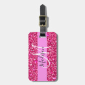 Glam Girly Hot Pink Glitzer Glitzern Name Monogram Gepäckanhänger (Vorderseite vertikal)