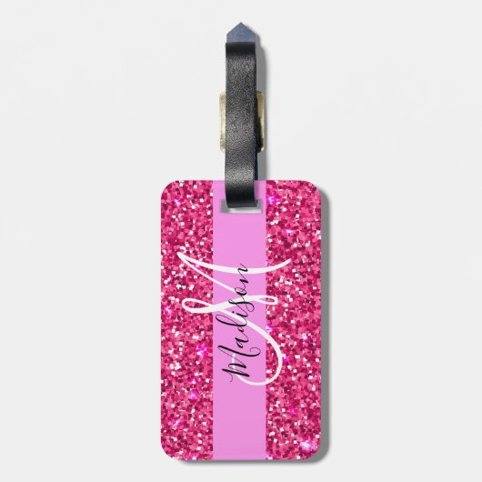 Glam Girly Hot Pink Glitzer Glitzern Name Monogram Gepäckanhänger (Rückseite vertikal)
