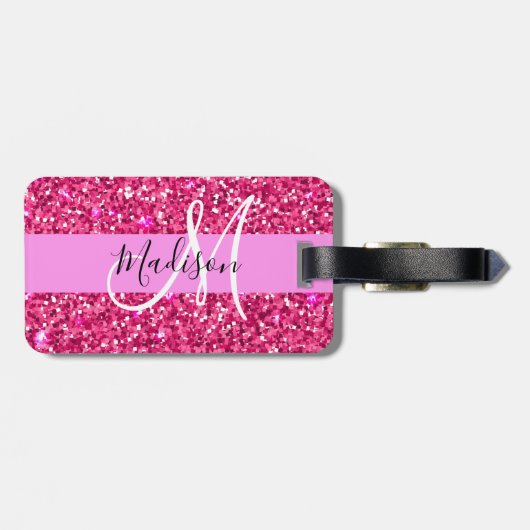 Glam Girly Hot Pink Glitzer Glitzern Name Monogram Gepäckanhänger (Rückseite horizontal)