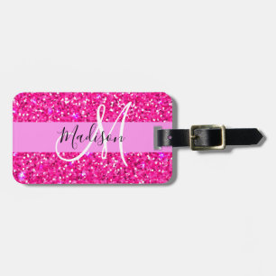 Glam Girly Hot Pink Glitzer Glitzern Name Monogram Gepäckanhänger