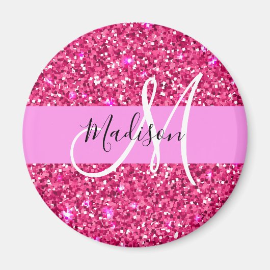 Glam Girly Hot Pink Glitzer Glitzern Name Monogram Magnet (Vorne)