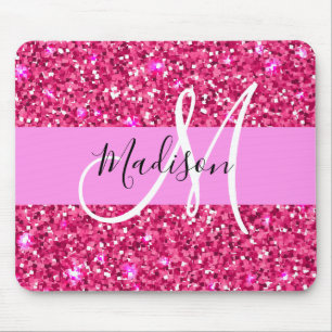Glam Girly Hot Pink Glitzer Glitzern Name Monogram Mousepad