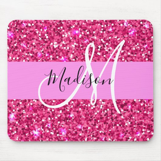 Glam Girly Hot Pink Glitzer Glitzern Name Monogram Mousepad (Vorne)