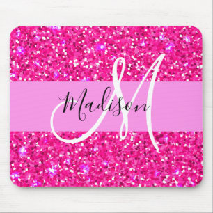 Glam Girly Hot Pink Glitzer Glitzern Name Monogram Mousepad