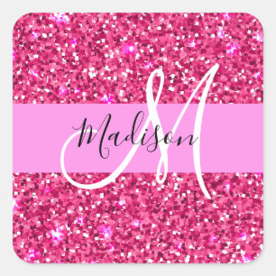 Glam Girly Hot Pink Glitzer Glitzern Name Monogram Quadratischer Aufkleber