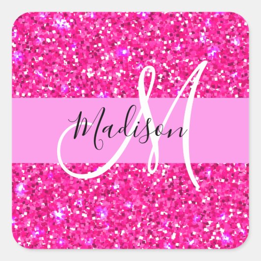 Glam Girly Hot Pink Glitzer Glitzern Name Monogram Quadratischer Aufkleber (Vorderseite)
