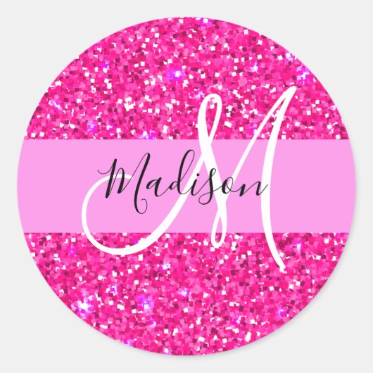 Glam Girly Hot Pink Glitzer Glitzern Name Monogram Runder Aufkleber (Vorderseite)