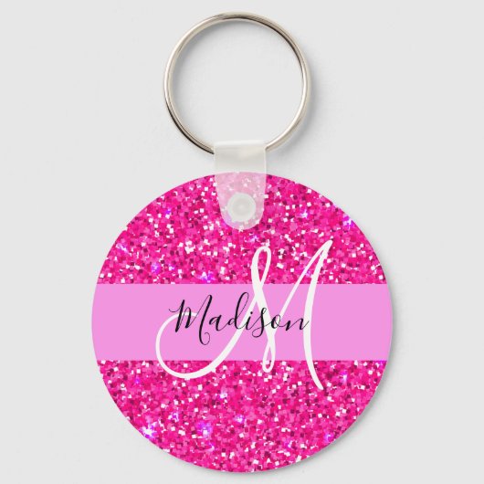 Glam Girly Hot Pink Glitzer Glitzern Name Monogram Schlüsselanhänger (Vorderseite)