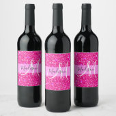 Glam Girly Hot Pink Glitzer Glitzern Name Monogram Weinetikett (Flaschen)