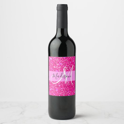 Glam Girly Hot Pink Glitzer Glitzern Name Monogram Weinetikett (Vorderseite)