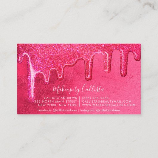 Glam Girly Neon Pink Dick Glitzer Tropfen Makeup Visitenkarte (Rückseite)