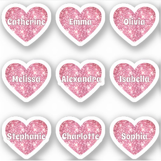 Glam Girly Pink Glitzer Hearts Names Pack Aufkleber (Vorderseite)