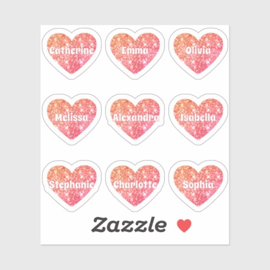 Glam Girly Red Orange Glitzer Hearts Names Pack Aufkleber (Blatt)