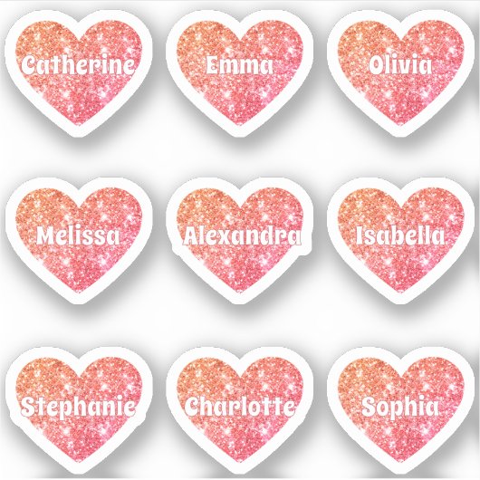 Glam Girly Red Orange Glitzer Hearts Names Pack Aufkleber (Vorderseite)