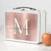 Glam Girly Rose Gold Brushed Metal Monogram Script Metall Brotdose (Beispiel)