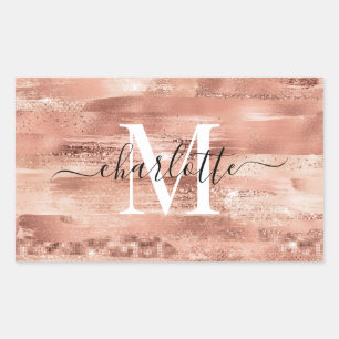 Glam Girly Rose Gold Glitzer Foil Monogram Name Rechteckiger Aufkleber