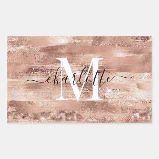 Glam Girly Rose Gold Glitzer Foil Monogram Name Rechteckiger Aufkleber (Vorderseite)