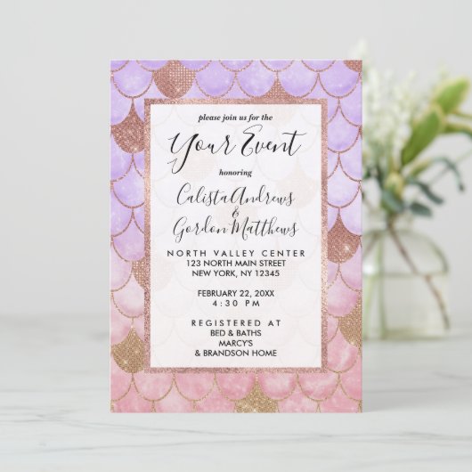 Glam Girly Rose Gold Glitzer Mermaid Scales Einladung (Stehend Vorderseite)
