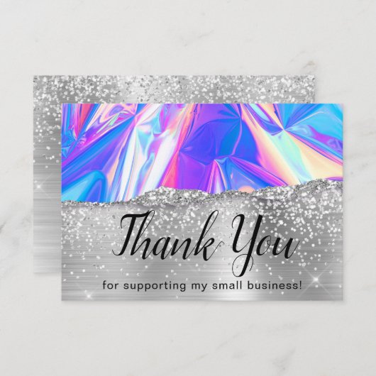 Glam Girly Silver Glitzer Holographic Business Dankeskarte (Vorne/Hinten)