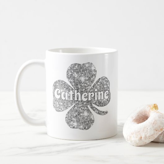 Glam Girly Silver Glitzer Lucky Clover Name Kaffeetasse (Mit Donut)