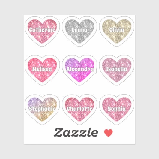 Glam Girly Sparkle Glitzer Hearts Names Pack Aufkleber (Blatt)