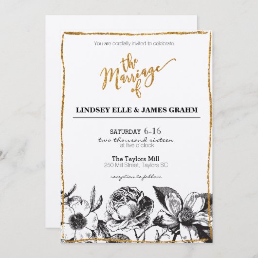 Glam Glitzer Black and White Floral Wedite Einladung (Vorne/Hinten)