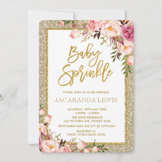 Glam Glitzer Blush Pink Bloral Baby Dusche einlade Einladung (Vorderseite)