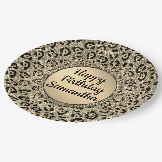 Glam Glitzer Leopard Druckplatte Pappteller (Schrägansicht)