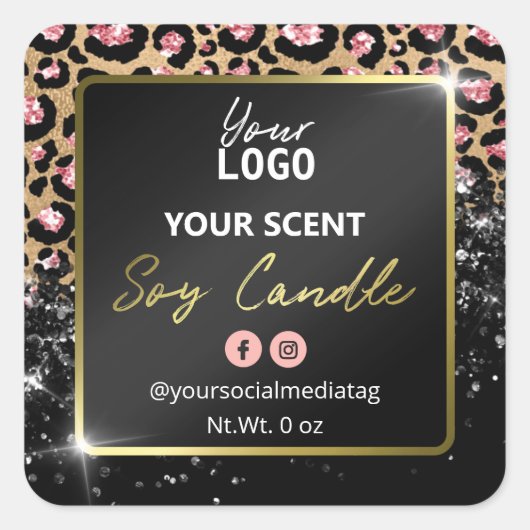 Glam Glitzer Leopard Skin Black Soy Candle Labels Quadratischer Aufkleber (Vorderseite)