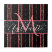 Glam Glitzer Mit Monogramm Name Schwarz/Rosa Fliese (Vorderseite)