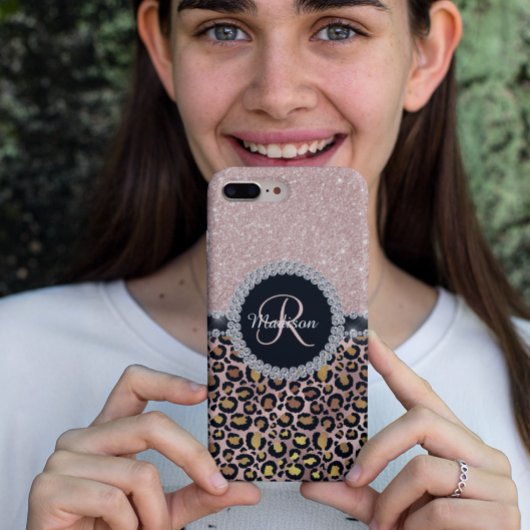 Glam Glitzer Rose Gold Diamond Monogram Leopard Case-Mate iPhone Hülle