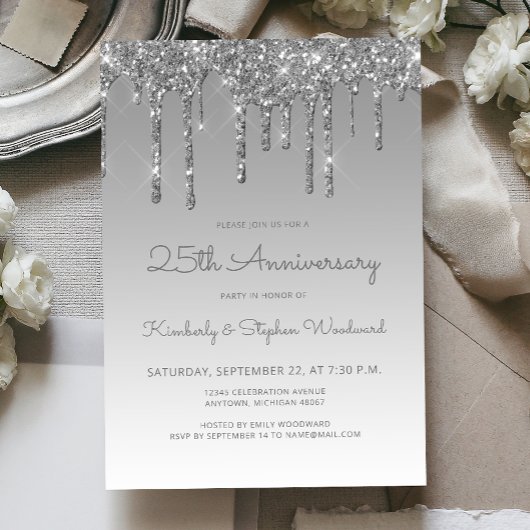 Glam Glitzer Tropfen Silver 25-jähriges Party Einladung
