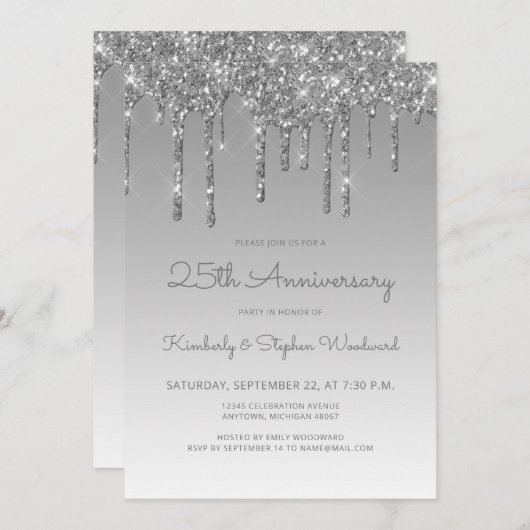 Glam Glitzer Tropfen Silver 25-jähriges Party Einladung (Vorne/Hinten)