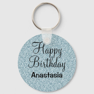 Glam Glücklicher Geburtstag Blau Silber Glitter Fu Schlüsselanhänger
