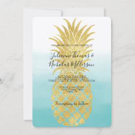 Glam Gold Ananas Aqua Wasserfarbe Ombre Wedding Einladung