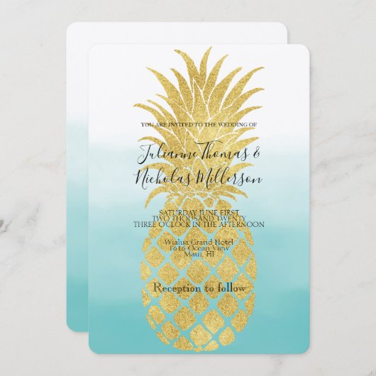 Glam Gold Ananas Aqua Wasserfarbe Ombre Wedding Einladung (Vorne/Hinten)
