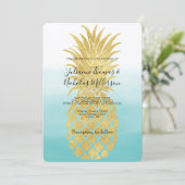Glam Gold Ananas Aqua Wasserfarbe Ombre Wedding Einladung (Stehend Vorderseite)