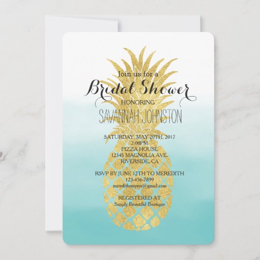 Glam Gold Ananas Aqua Watercolor Brautparty Einladung (Vorderseite)