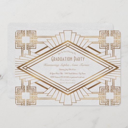 Glam Gold and White Great Gatsby Graduation Party Einladung (Vorne/Hinten)
