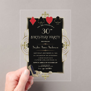 Glam Gold Art Deco Casino Poker 30. Geburtstag Acryleinladungen
