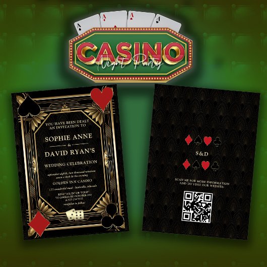 Glam Gold Art Deco Casino QR Code Poker Wedding Einladung