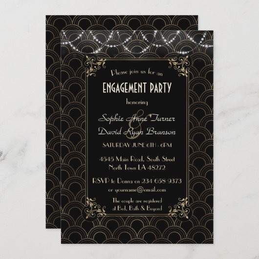 Glam Gold Art Deco Fleur-de-lis Engagement Party Einladung (Vorne/Hinten)