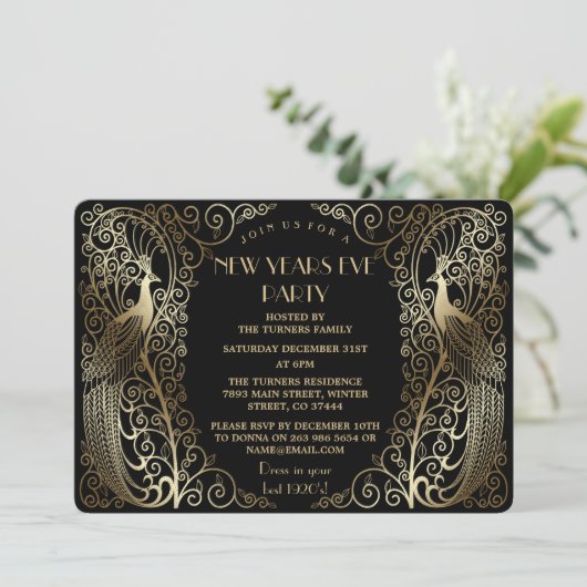 Glam Gold Art Deco Frieden Silvesterabend Einladung (Stehend Vorderseite)