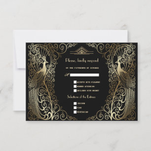Glam Gold Art Deco Peacocks Hochzeit RSVP Karte