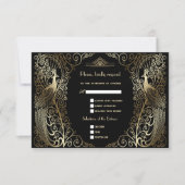 Glam Gold Art Deco Peacocks Hochzeit RSVP Karte (Vorderseite)