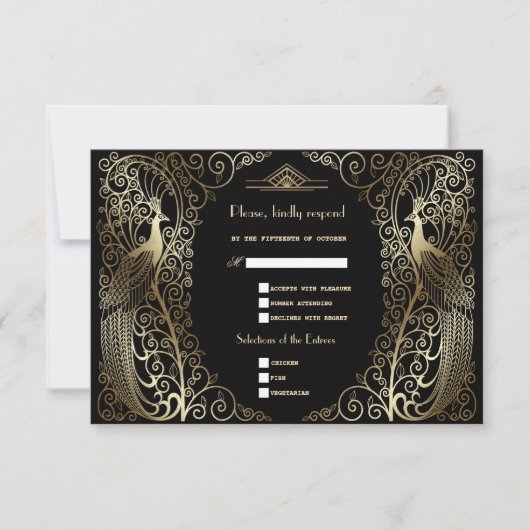 Glam Gold Art Deco Peacocks Hochzeit RSVP Karte (Vorderseite)