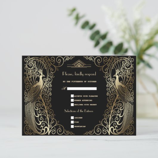 Glam Gold Art Deco Peacocks Hochzeit RSVP Karte (Stehend Vorderseite)
