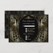 Glam Gold Art Deco Peacocks Hochzeit RSVP Karte (Vorne/Hinten)