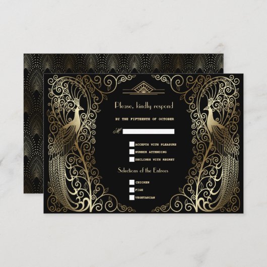 Glam Gold Art Deco Peacocks Hochzeit RSVP Karte (Vorne/Hinten)